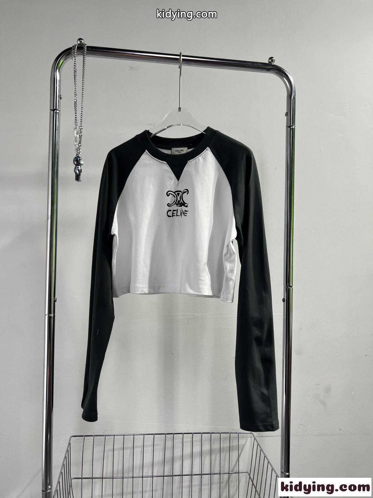 カジュアル 合わせやすい 配色 クルーネック 長袖Tシャツ セリーヌ Tシャツ コピー-1