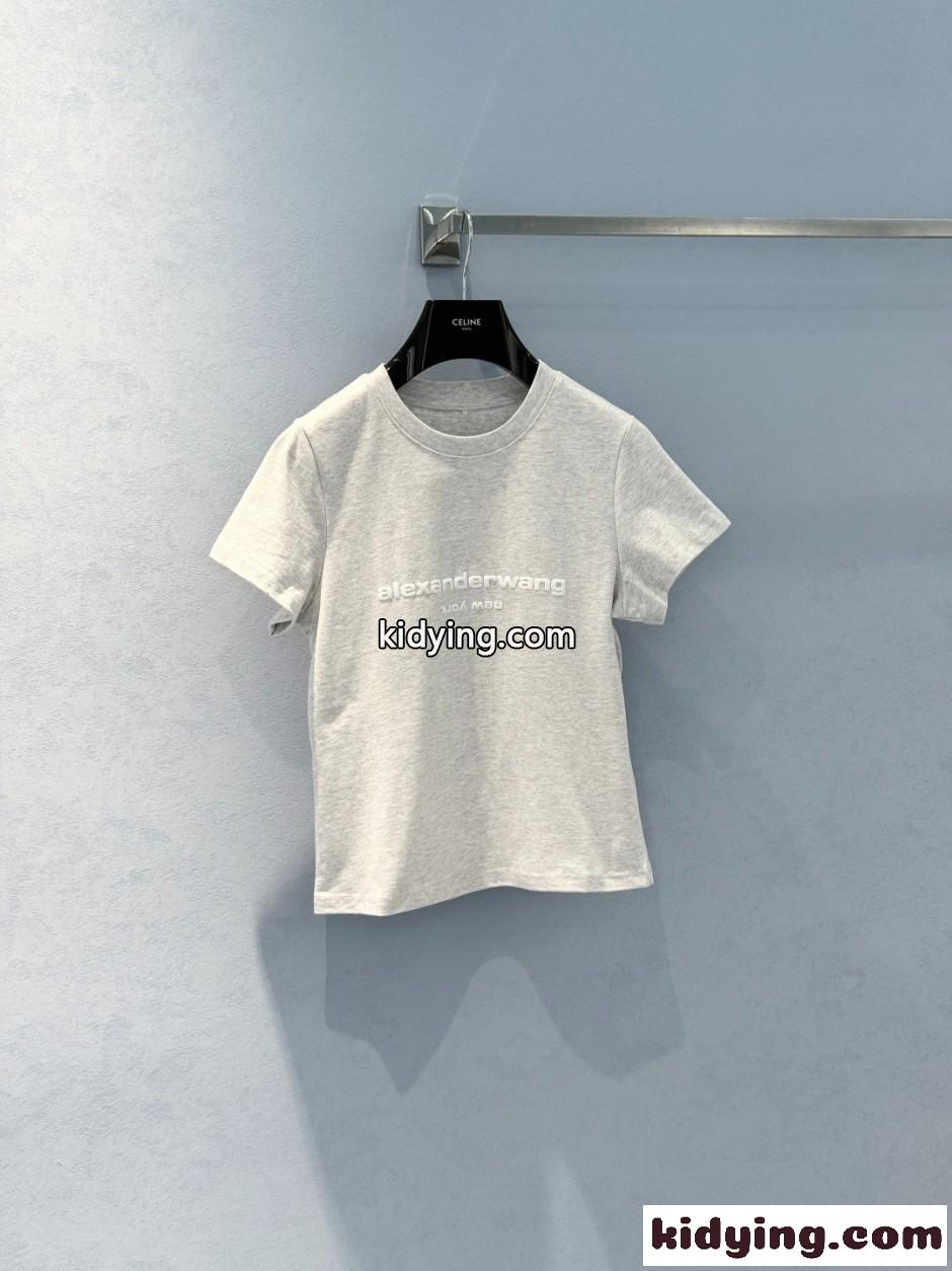 アレキサンダーワング Tシャツ 偽物 シンプル ロゴ入り 半袖Tシャツ コットン グレー-0
