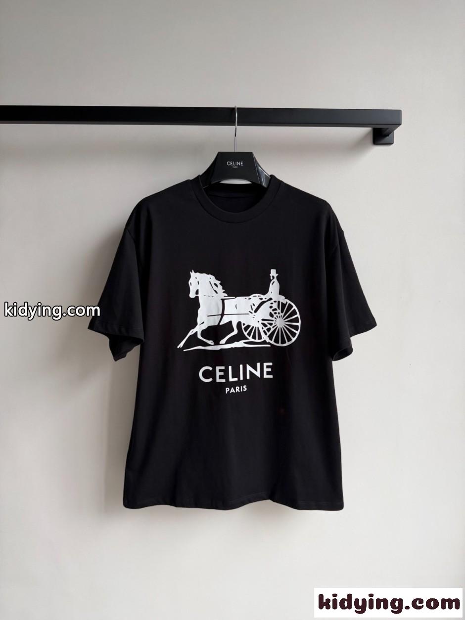 ベーシック ロゴ コットン 半袖Tシャツ セリーヌ Tシャツ 偽物 ブラック-0