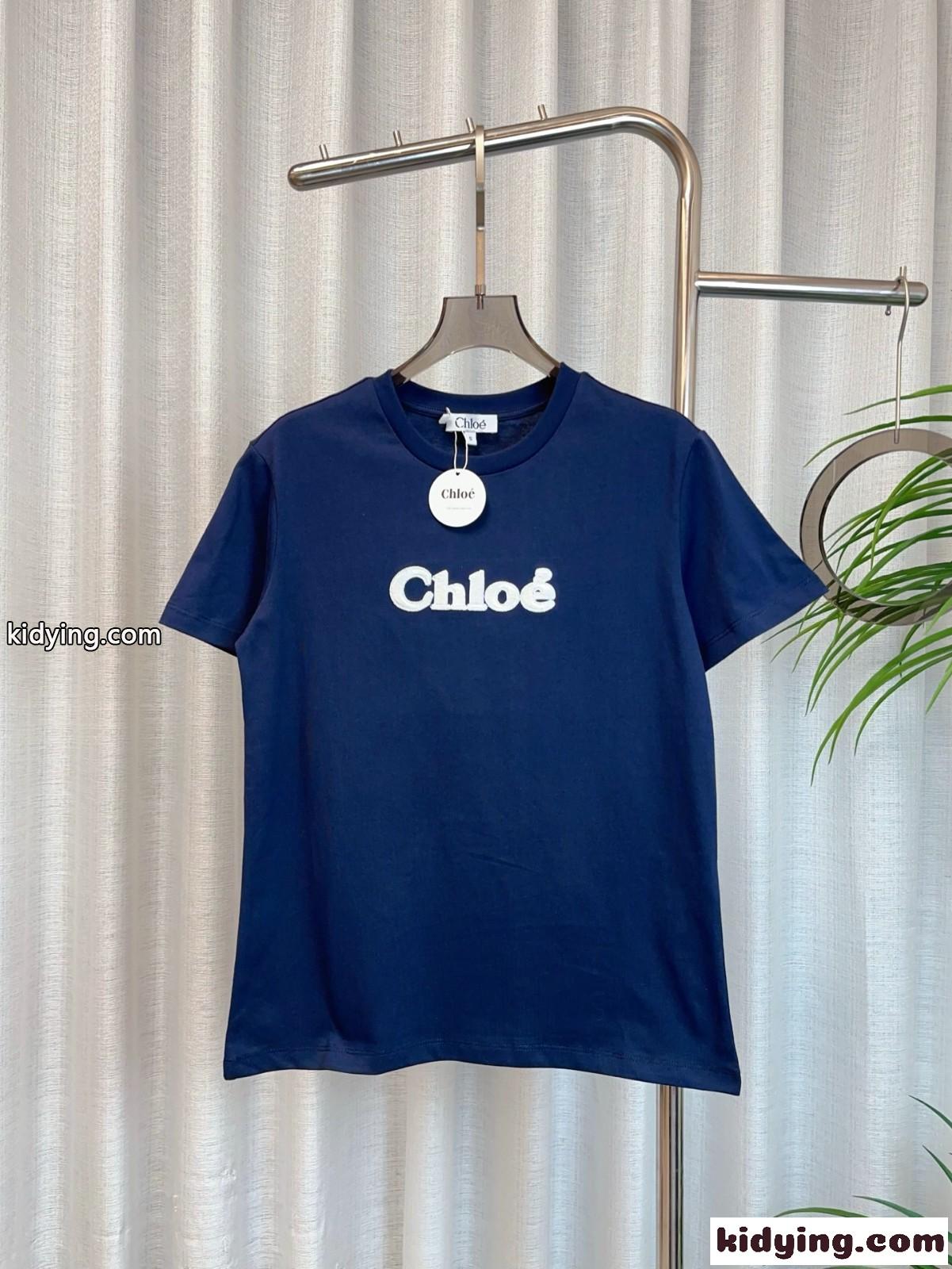 シンプル ロゴ入り 半袖Tシャツ クロエ Tシャツ スーパーコピー クルーネック ブルー-2
