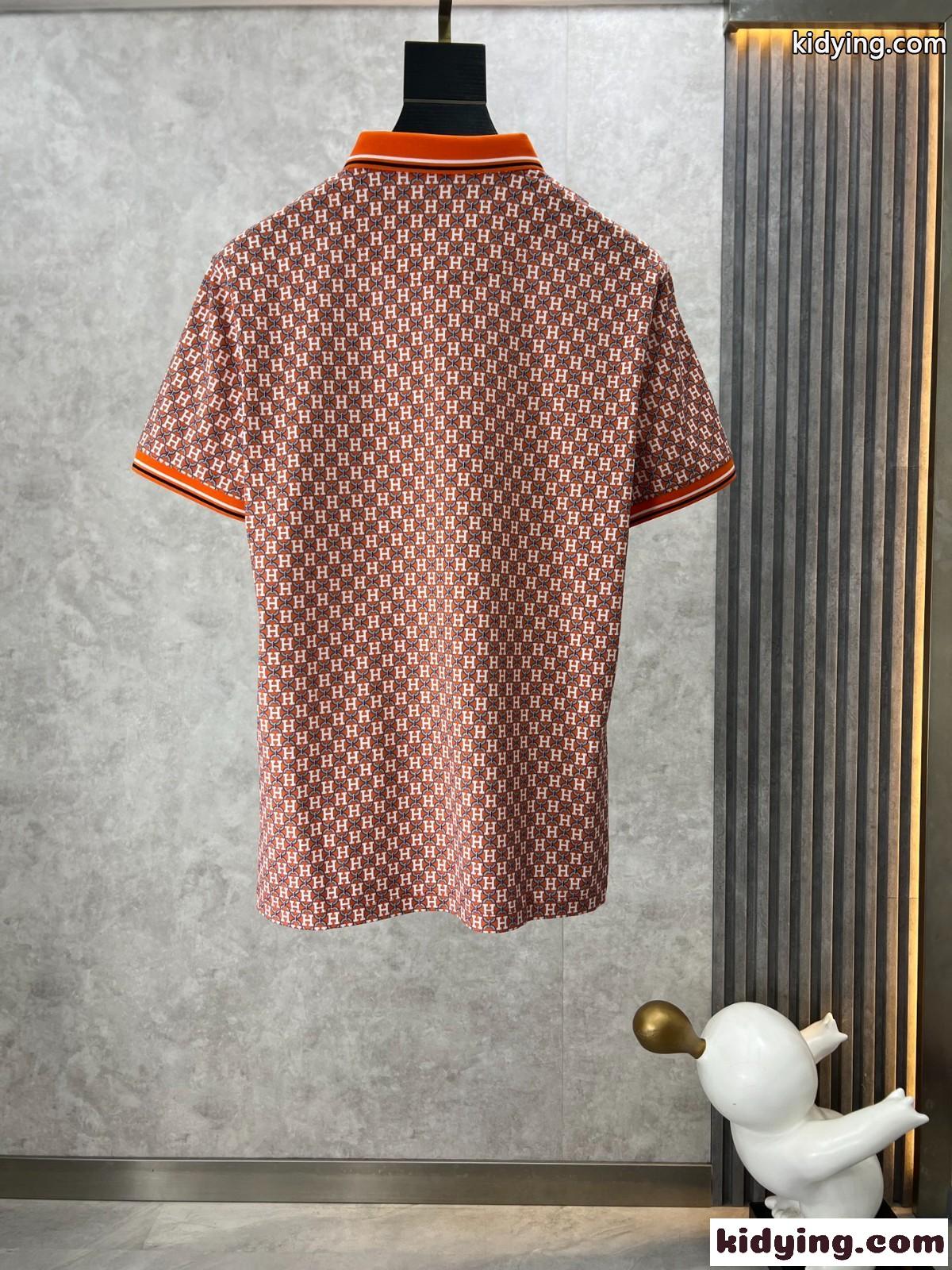 存在感たっぷり 総柄 エルメス Tシャツ コピー 半袖 コットンピケ ポロシャツ オレンジ-0