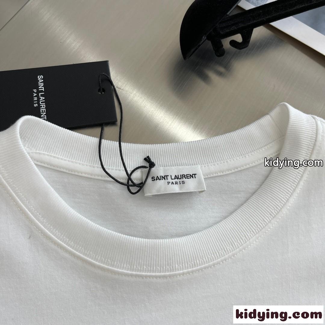 ベーシック 着回し ロゴ 刺繍 イヴ・サンローラン Tシャツ コピー クルーネック コットン ホワイト-2