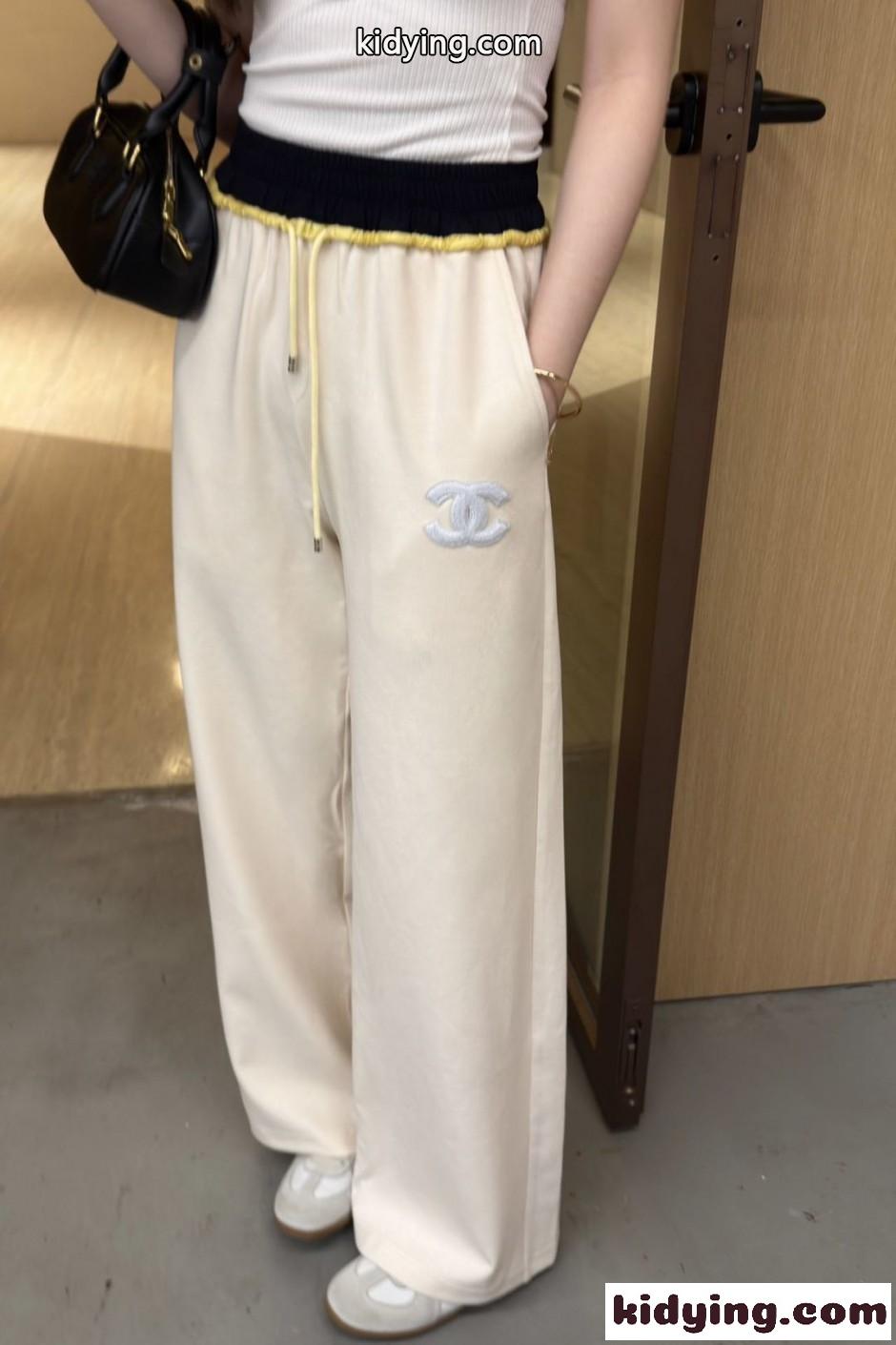 バイカラー ワイドレッグ スウェットパンツ シャネル パンツ コピー アイボリー-3