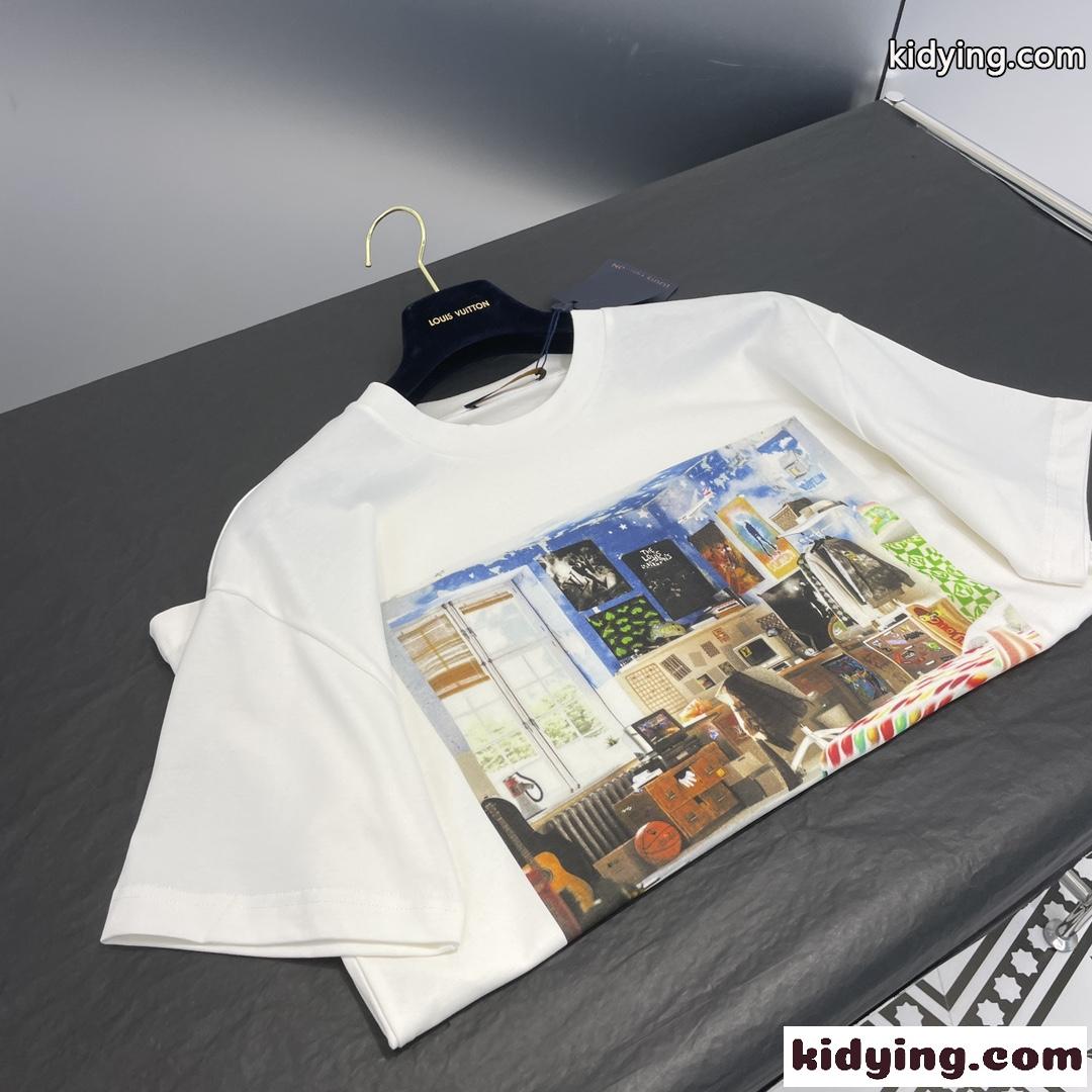 ユニセックス ルイ・ヴィトン プリンテッドコットンTシャツ コピー クルーネック-3