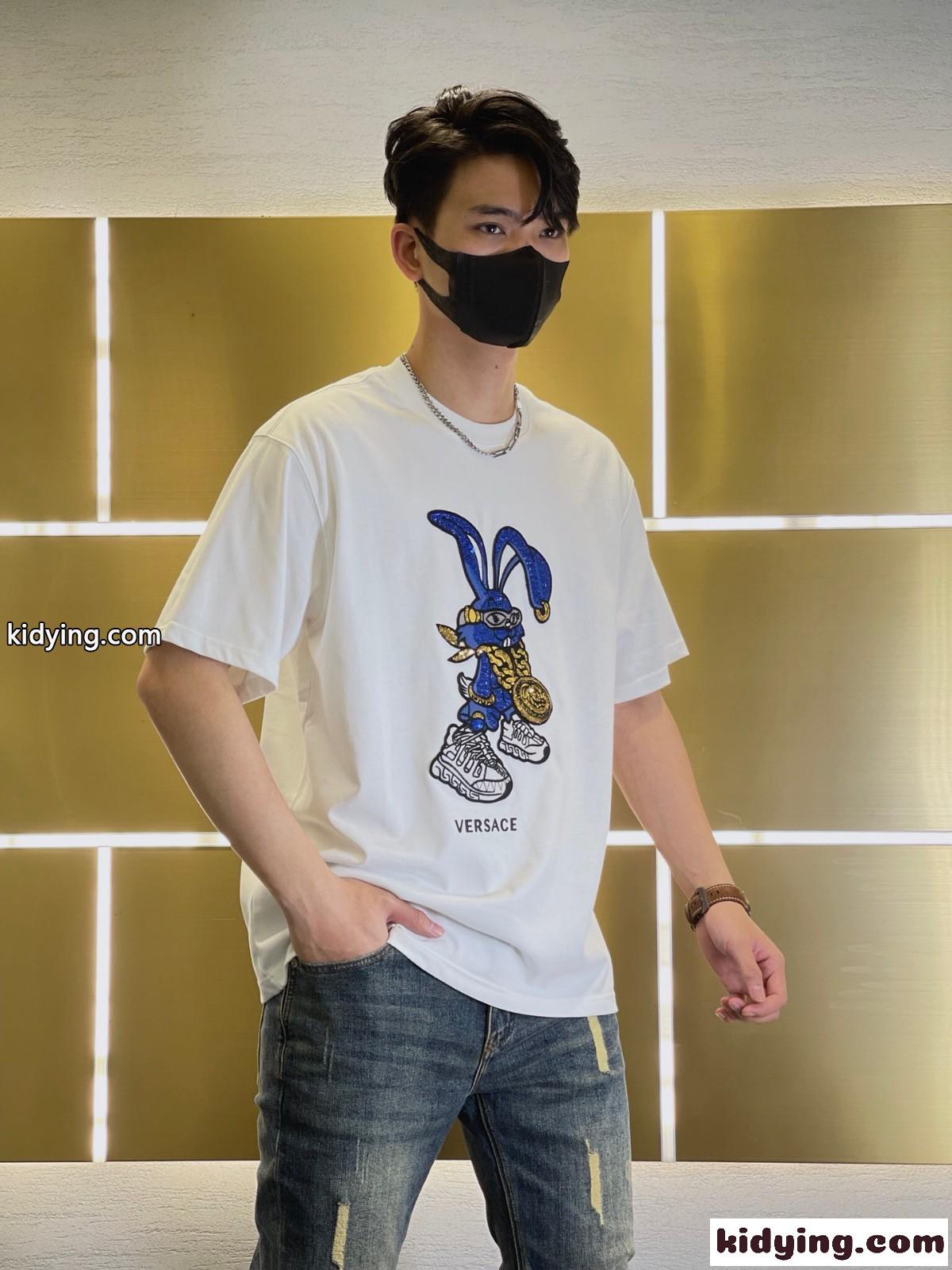 人気 春節 ウサギ Tシャツ ヴェルサーチェ Tシャツ コピー コットン 半袖 トップス ホワイト-4