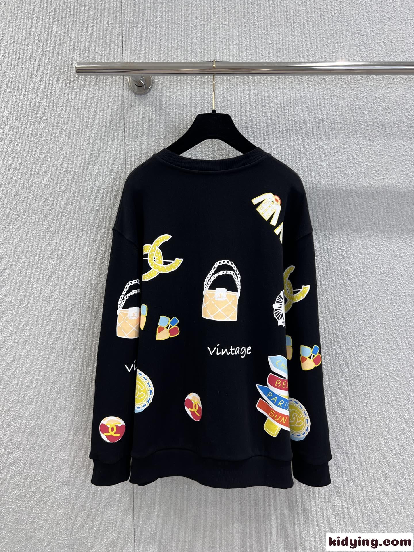 遊び心満載～プリント スウェットシャツ シャネル Tシャツ コピー コットン ブラック-2
