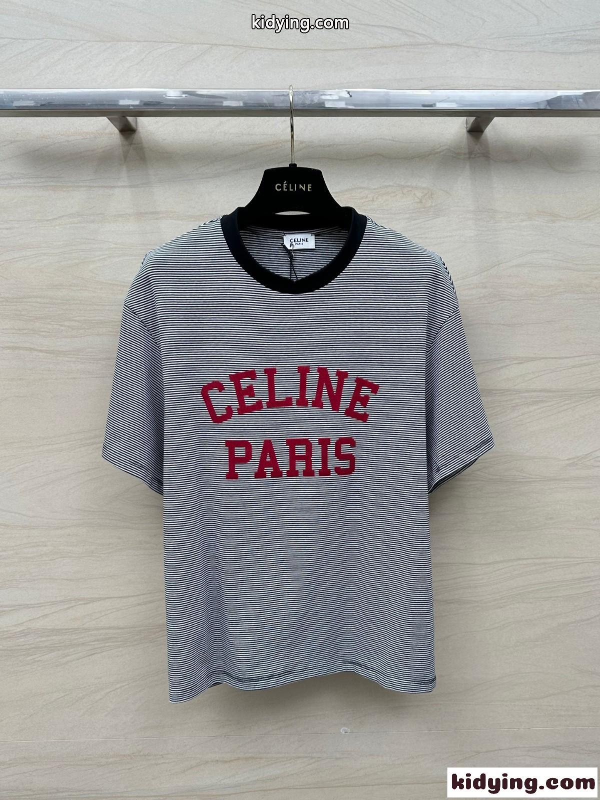 ストライプ ロゴ クルーネック セリーヌ 半袖Tシャツ コピー コットンTシャツ-2