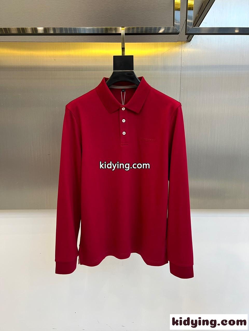 注目される 合わせやすい バーバリー Tシャツ 偽物 ロゴ入り長袖 ポロシャツ レッド-1