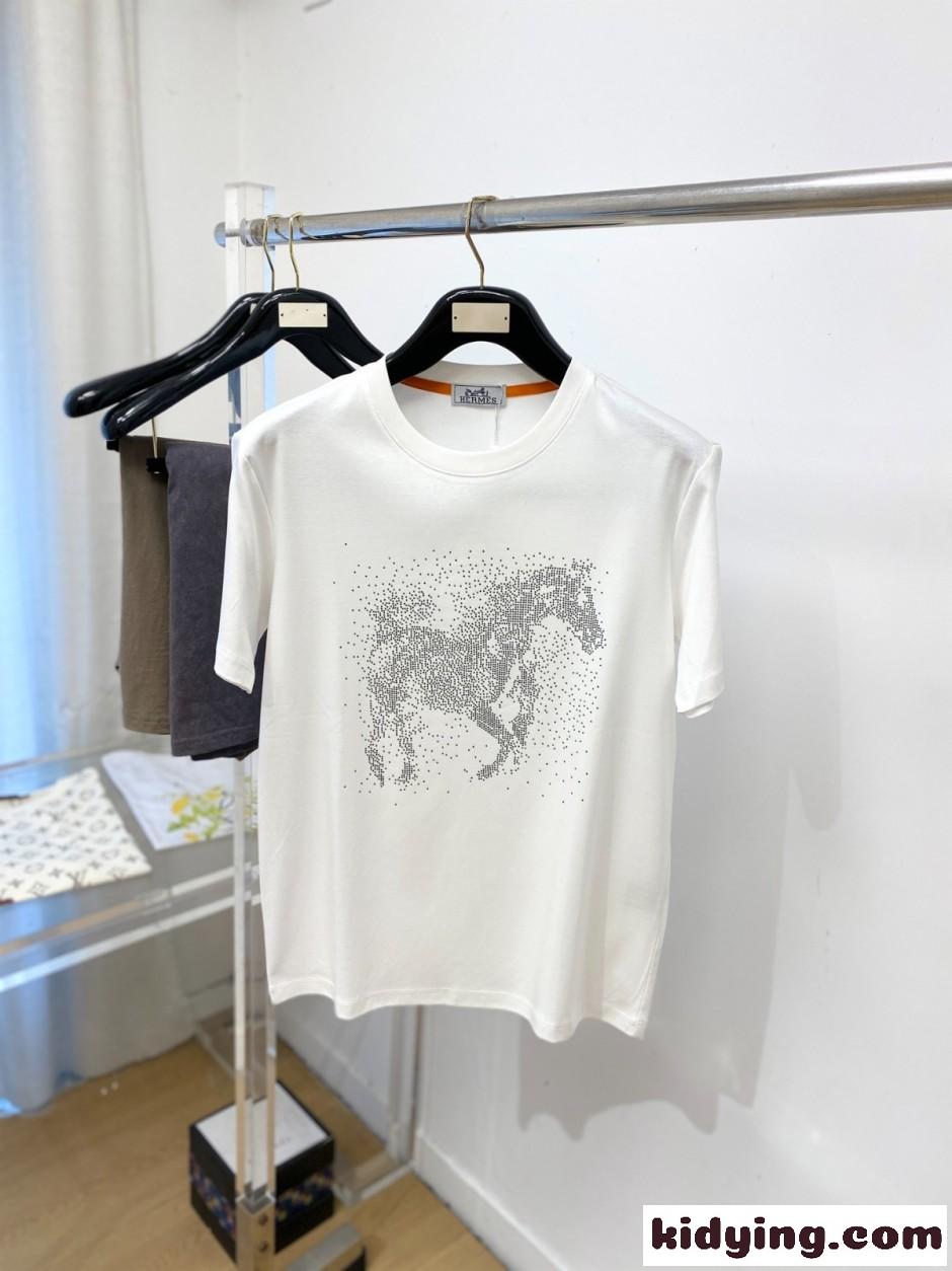 ラインストーン ホースモチーフ 半袖Tシャツ エルメス Tシャツ 偽物 ホワイト-0
