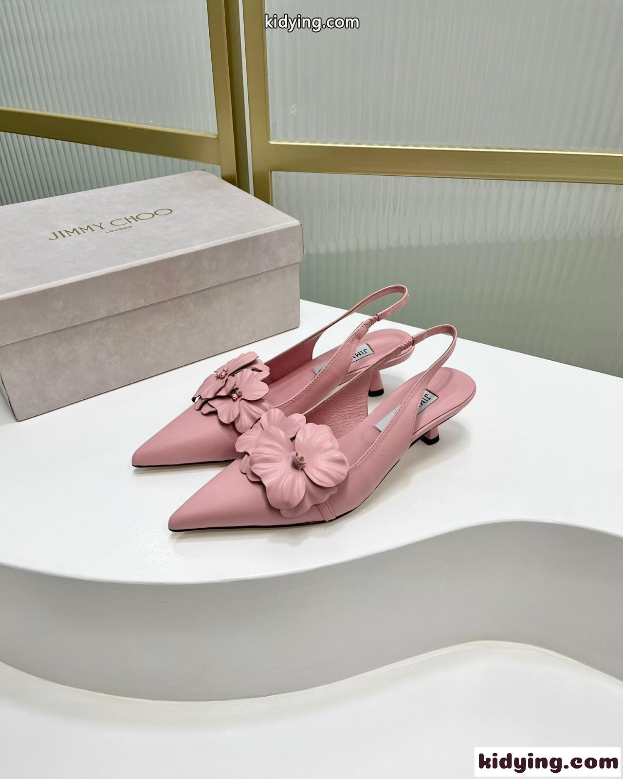 フラワー付き ナッパレザー・スリングバックパンプス ジミーチュウ パンプス コピー ピンク-0