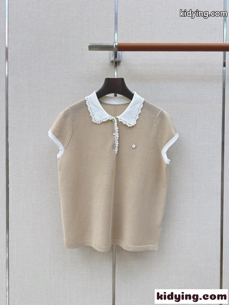 レースカラー バイカラー ニットポロシャツ ミュウミュウ Tシャツ 偽物 ベージュ-2
