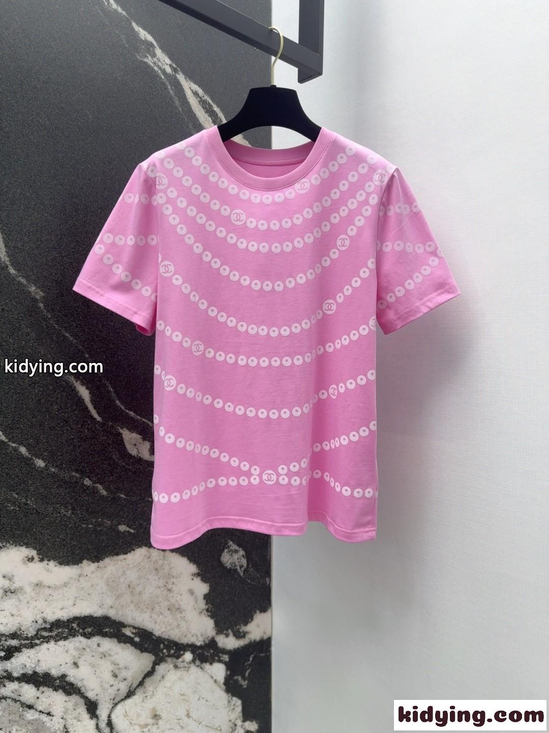 お洒落 パールプリント 半袖Tシャツ シャネル Tシャツ コピー コットン ピンク-2