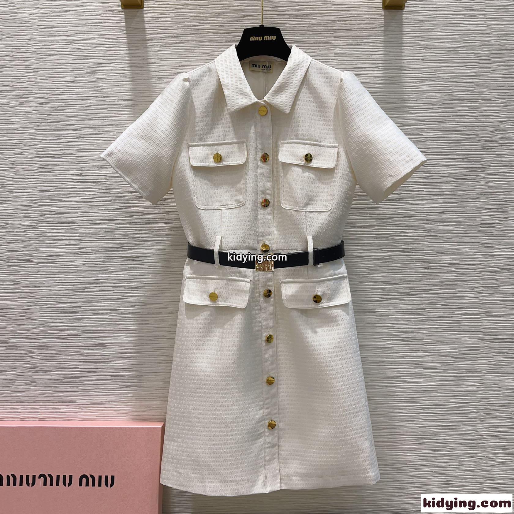 ミュウミュウ ワンピース コピー 定番 上品 ベルト付き ジャガード 半袖ドレス-1