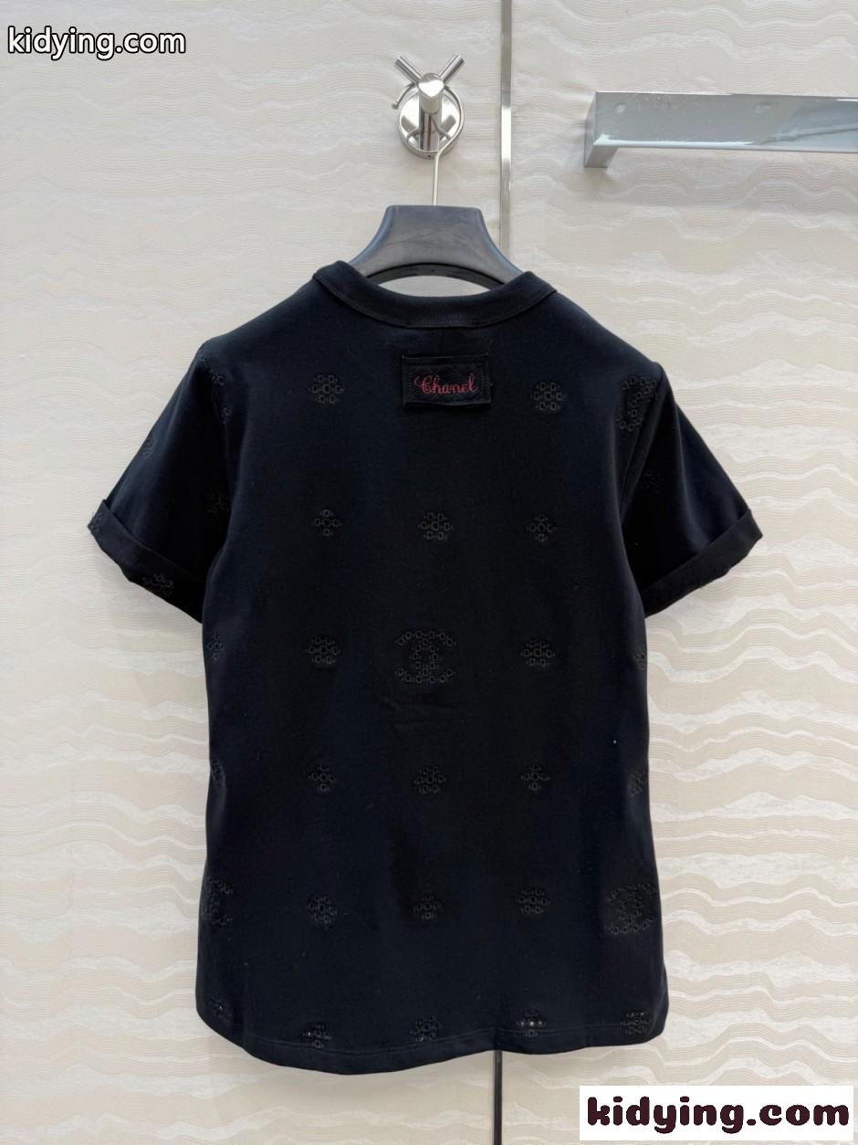 シンプル アイレット刺繍 コットンTシャツ シャネル Tシャツ コピー ブラック-3