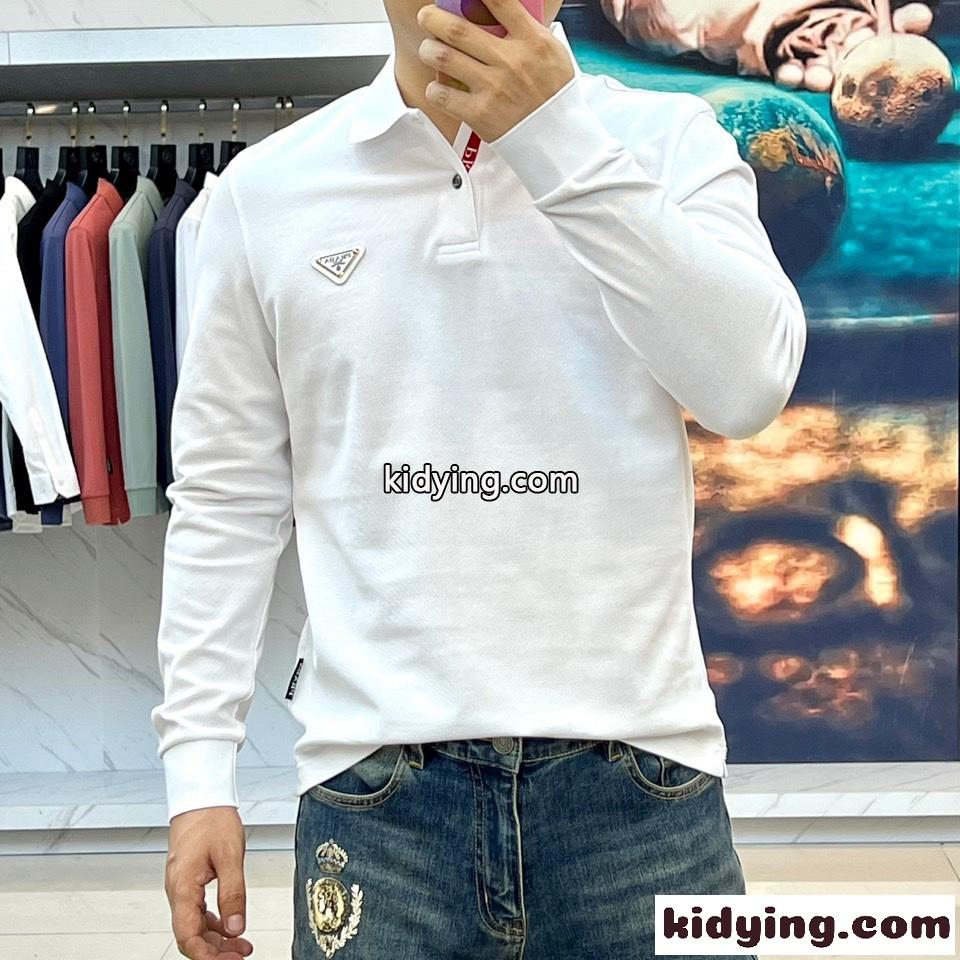 カジュアル 上品 コットン 長袖 ポロシャツ プラダ Tシャツ コピー ホワイト-1