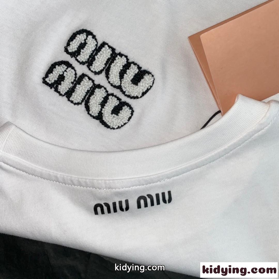 シンプル 定番 ロゴ ゆったり 合わせやすい クルーネック レディース トップス ミュウミュウ 半袖tシャツ コピー 春夏 ホワイト-2
