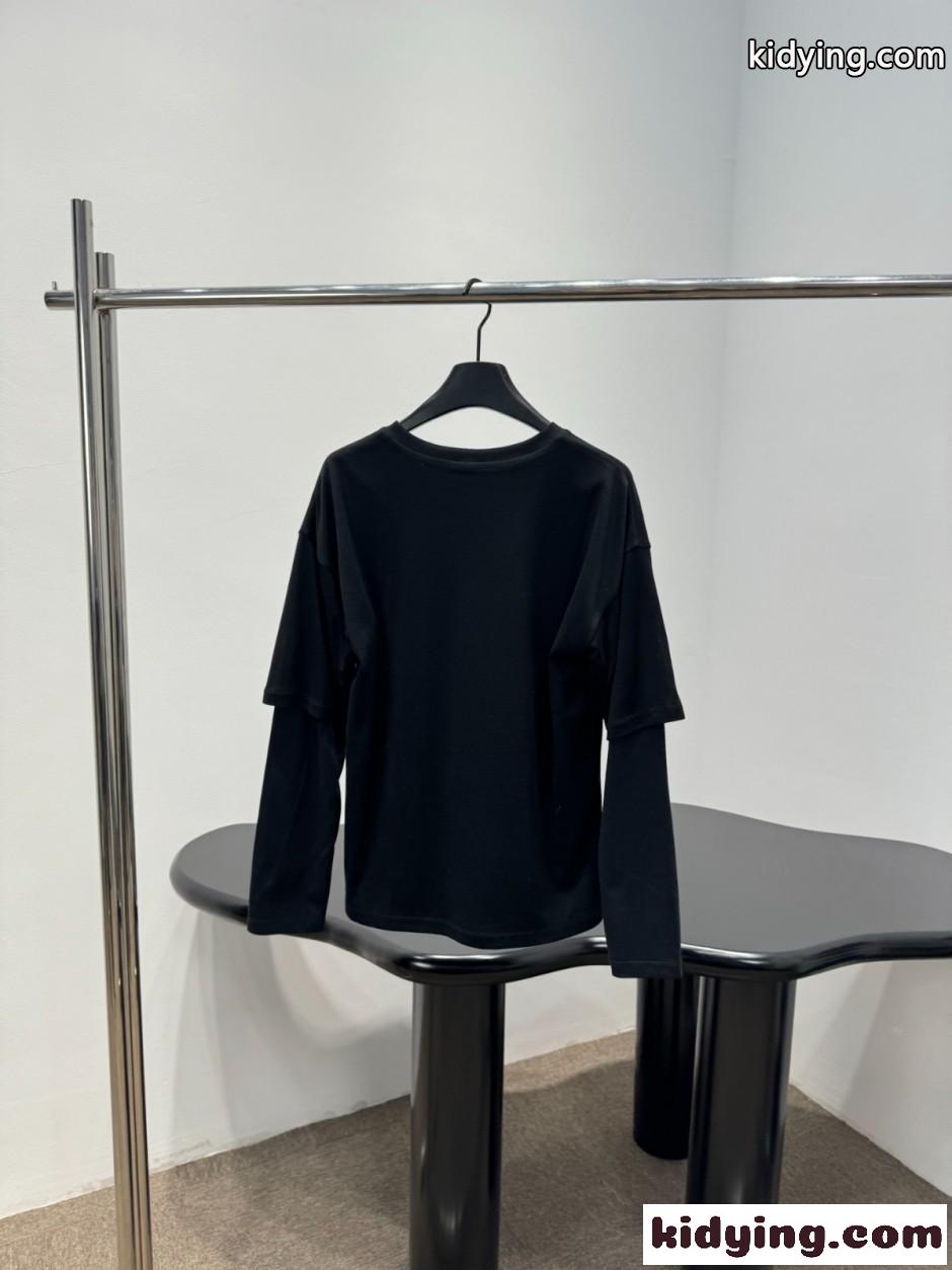 ロゴプリント フェイクレイヤード 長袖Tシャツ セリーヌ Tシャツ 偽物 ブラック-0
