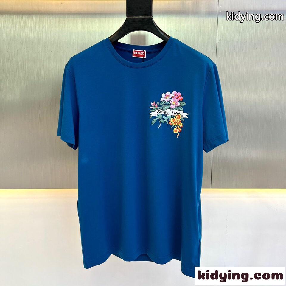 ALOHA FLOWER TATTOO プリント クルーネック ケンゾー Tシャツ コピー ブルー-0