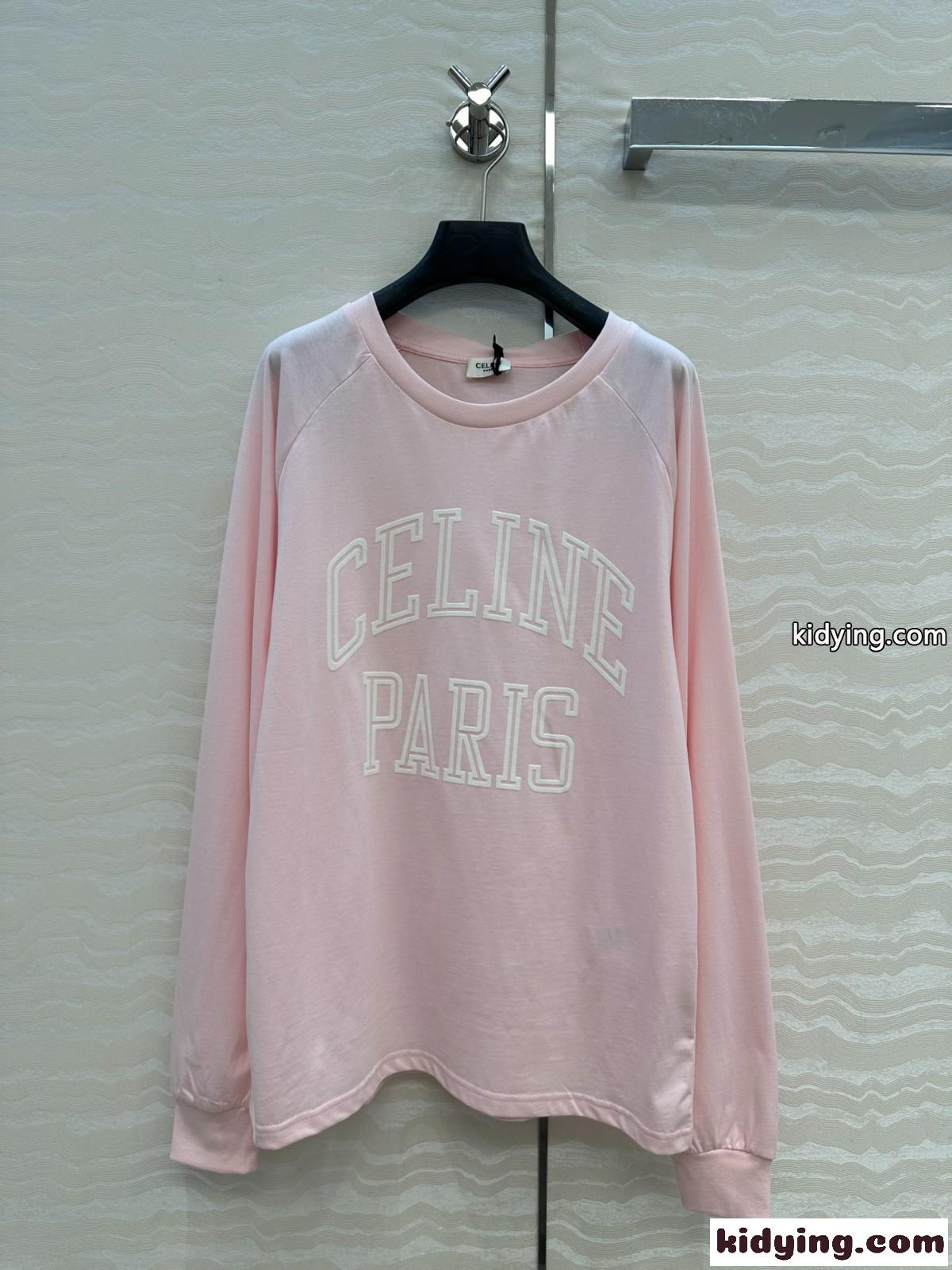 定番 カジュアル コットン 長袖Tシャツ セリーヌ Tシャツ 偽物 ピンク-2