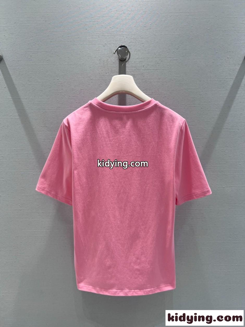 コットン プリント 半袖Tシャツ エルメス Tシャツ コピー クルーネック ピンク-0