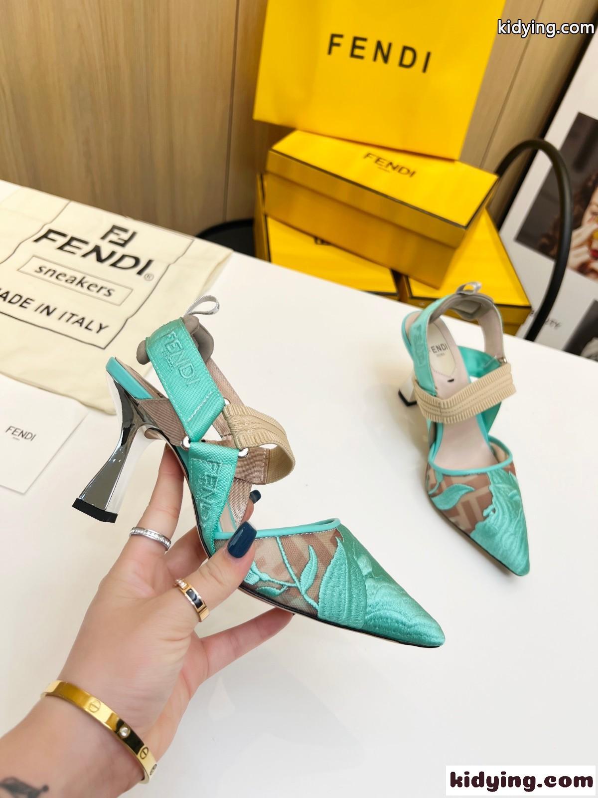 エレガント フェンディ サンダル コピー メッシュ ハイヒール スリングバックパンプス グリーン-0