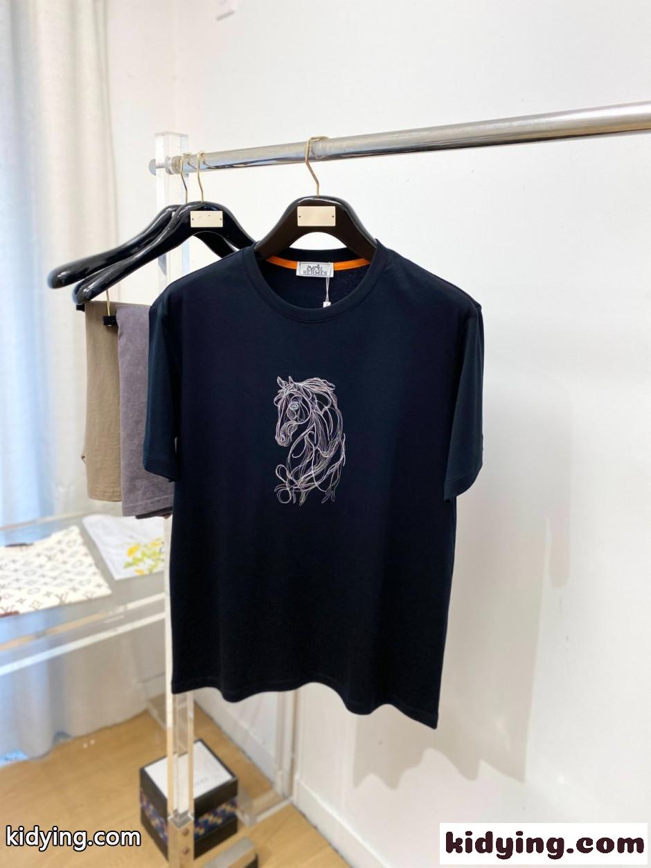 カジュアル 洗練された クルーネック エルメス Tシャツ 偽物 ブラック-0