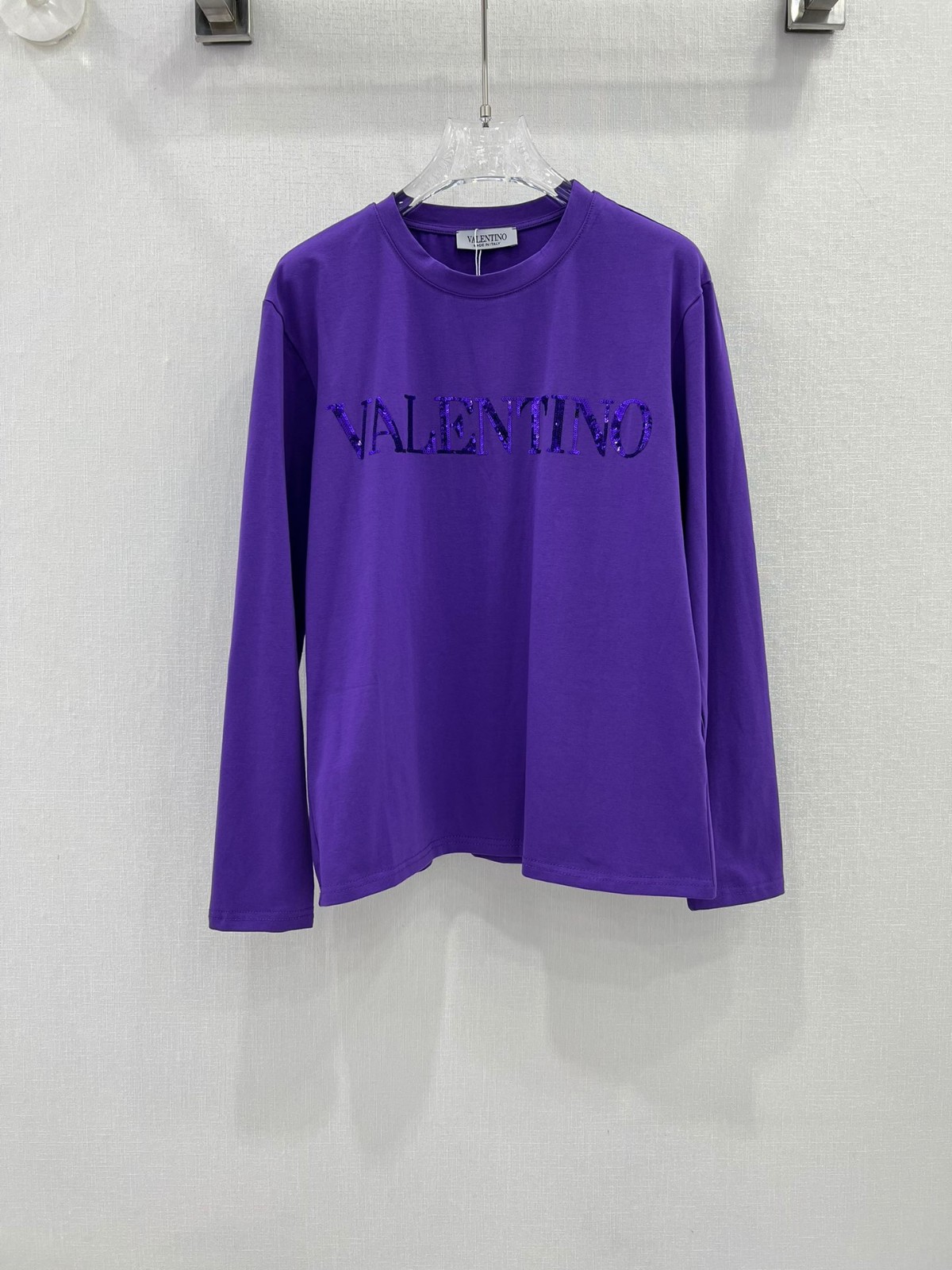 シンプル スパンコールロゴ クルーネック ヴァレンティノ Tシャツ コピー パープル-0