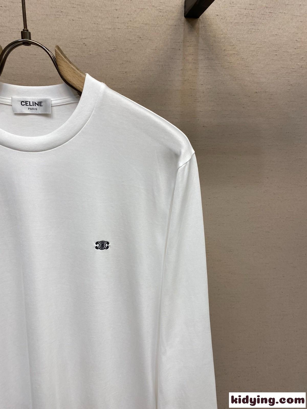 ベーシック ロゴ クルーネック コットン 長袖Tシャツ セリーヌ Tシャツ コピー ホワイト-0