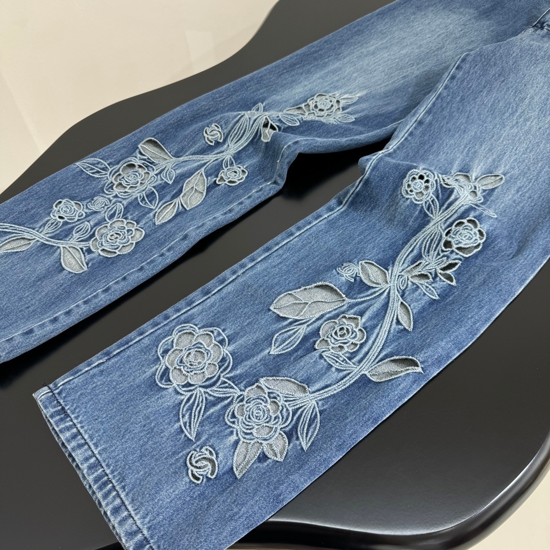 高級感 カメリア カットアウト シャネル ジーンズ コピー レディース デニムパンツ ブルー-3