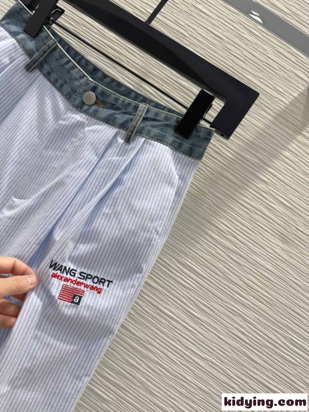 デニムウエストバンド ストライプ ナイロン ロングパンツ アレキサンダーワング パンツ コピー ブルー-1