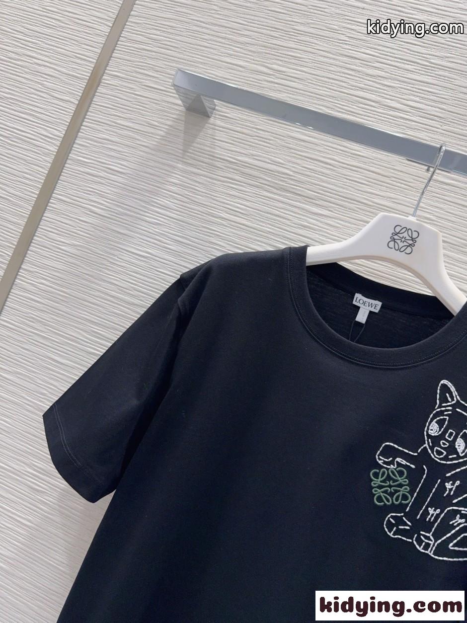 キャットエンブロイダリー 半袖Tシャツ ロエベ Tシャツ コピー ユニセックス ブラック-2