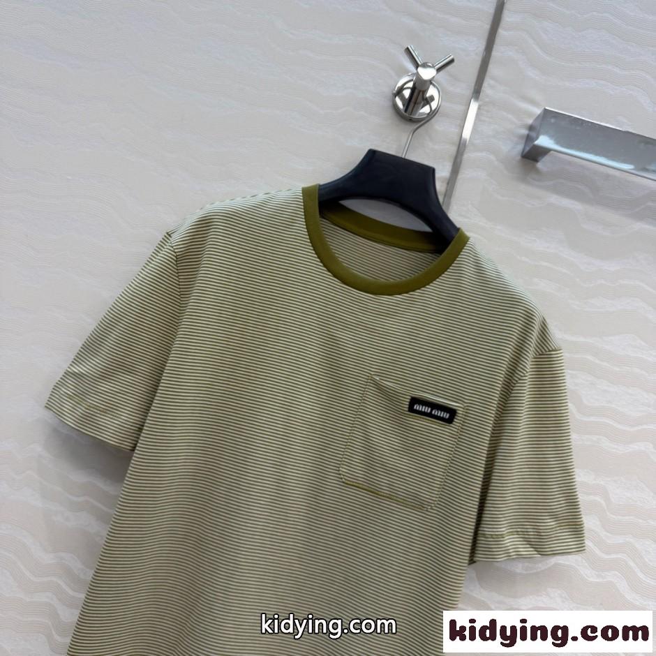 爽やか ボーダー柄 半袖tシャツ ミュウミュウ Tシャツ コピー グリーン-1