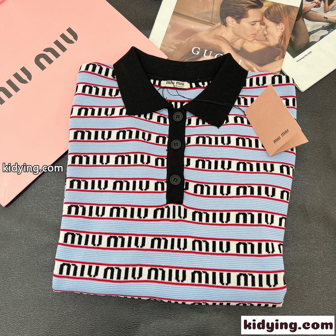 おしゃれ カジュアル ニット 柔らかい 着心地いい ロゴ ミュウミュウ 半袖tシャツ コピー ポロネック レディース 可愛い-3