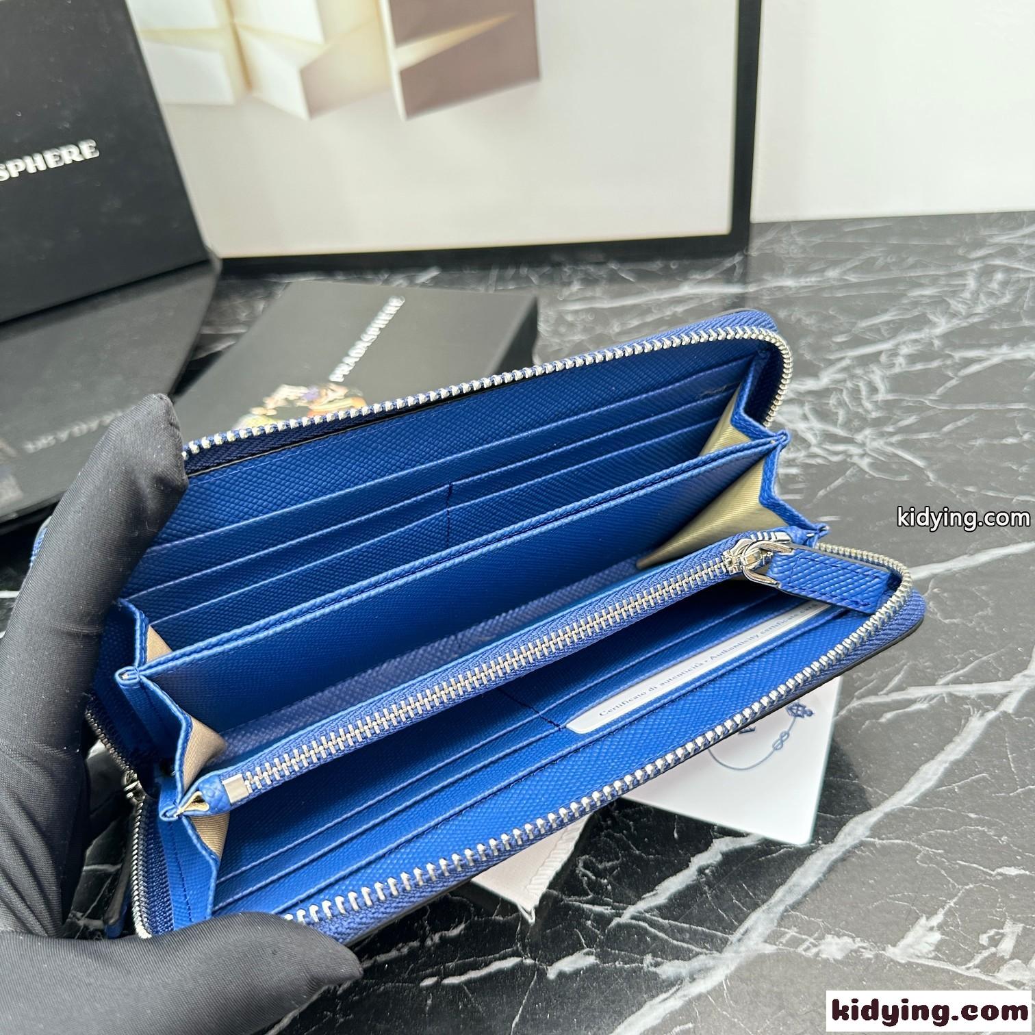 定番 エンボスロゴ プラダ 財布 コピー ラウンドファスナー 長財布 ブルー-3