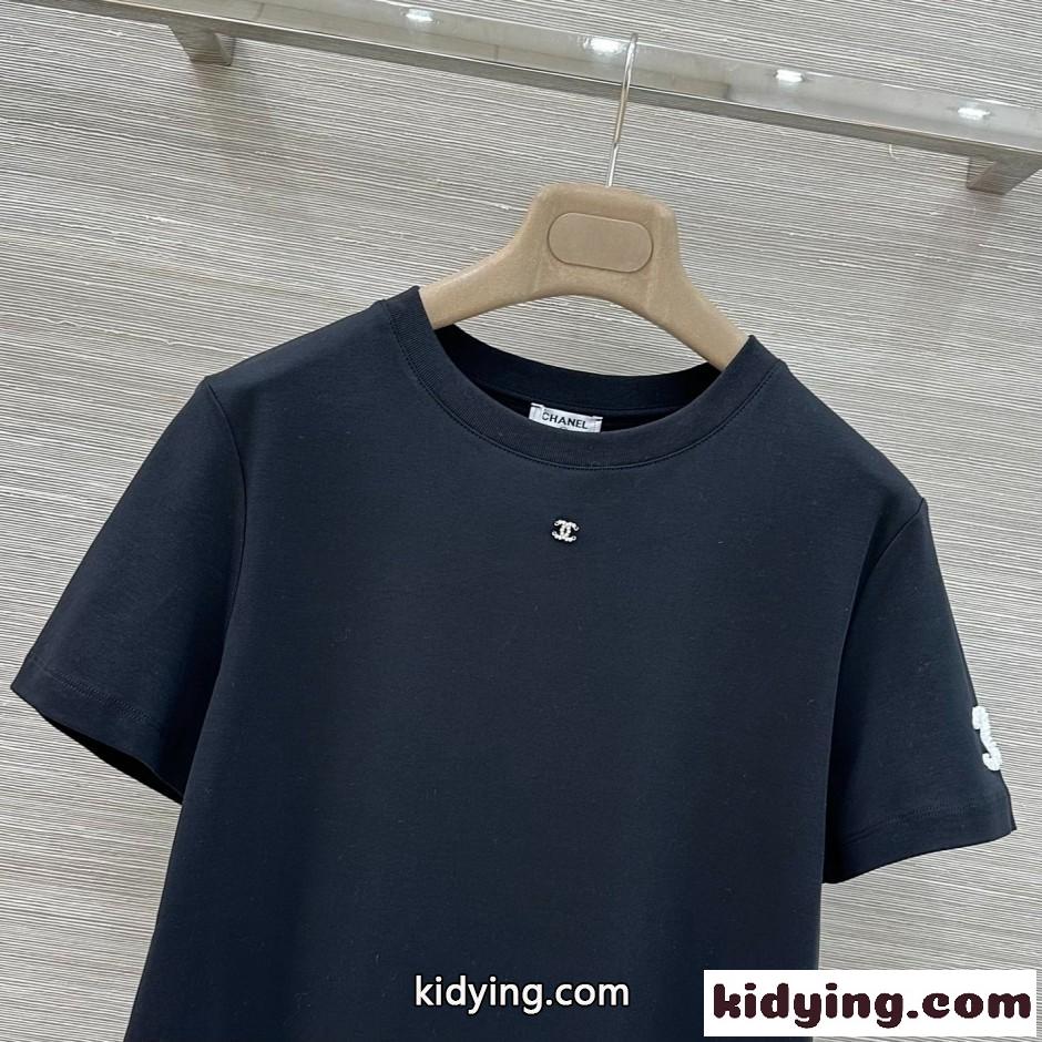 シンプル コットン 半袖Tシャツ シャネル Tシャツ コピー クルーネック ブラック-1