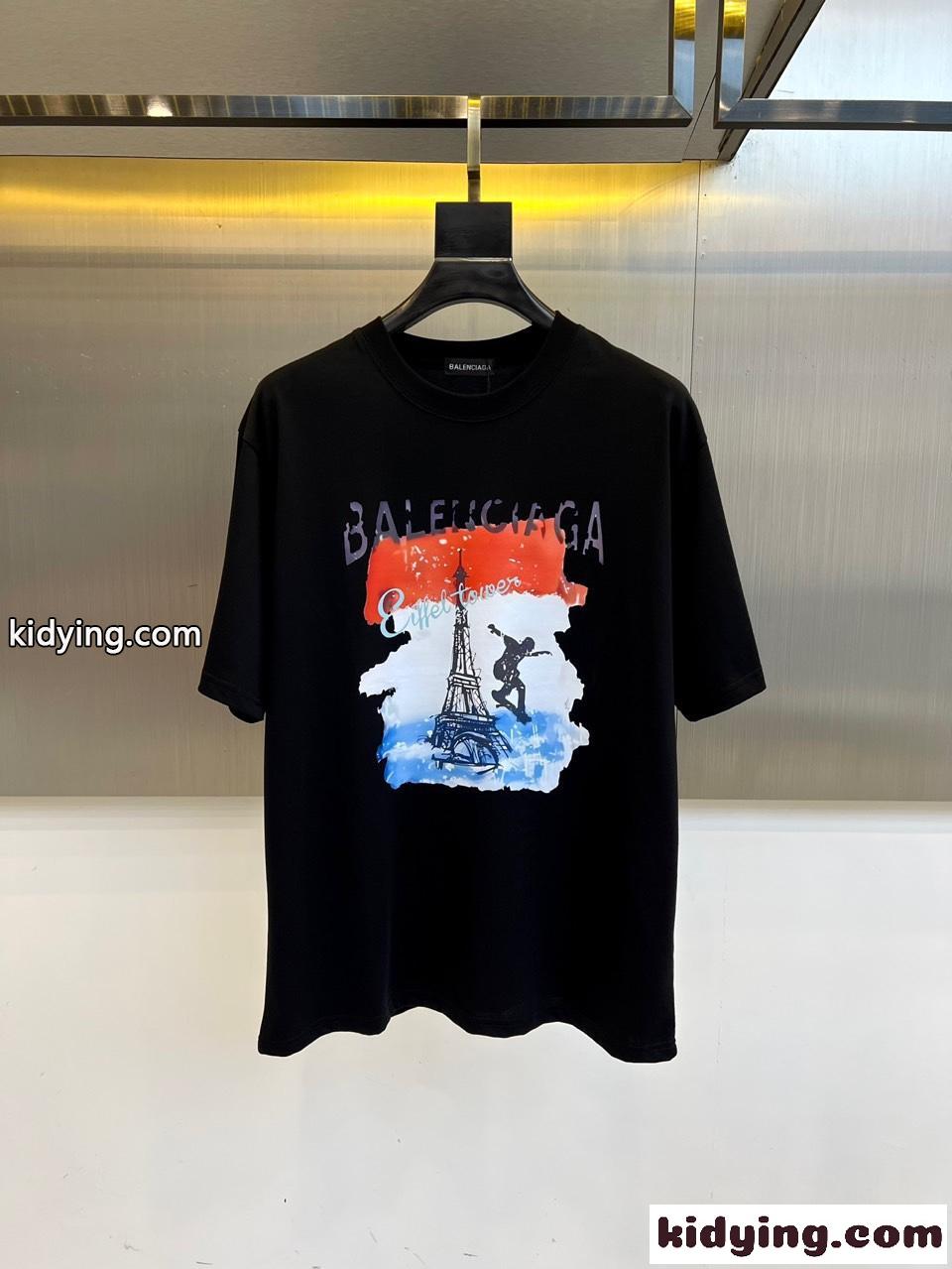 カジュアル プリント バレンシアガ Tシャツ 偽物 クルーネック 半袖トップス ブラック-0