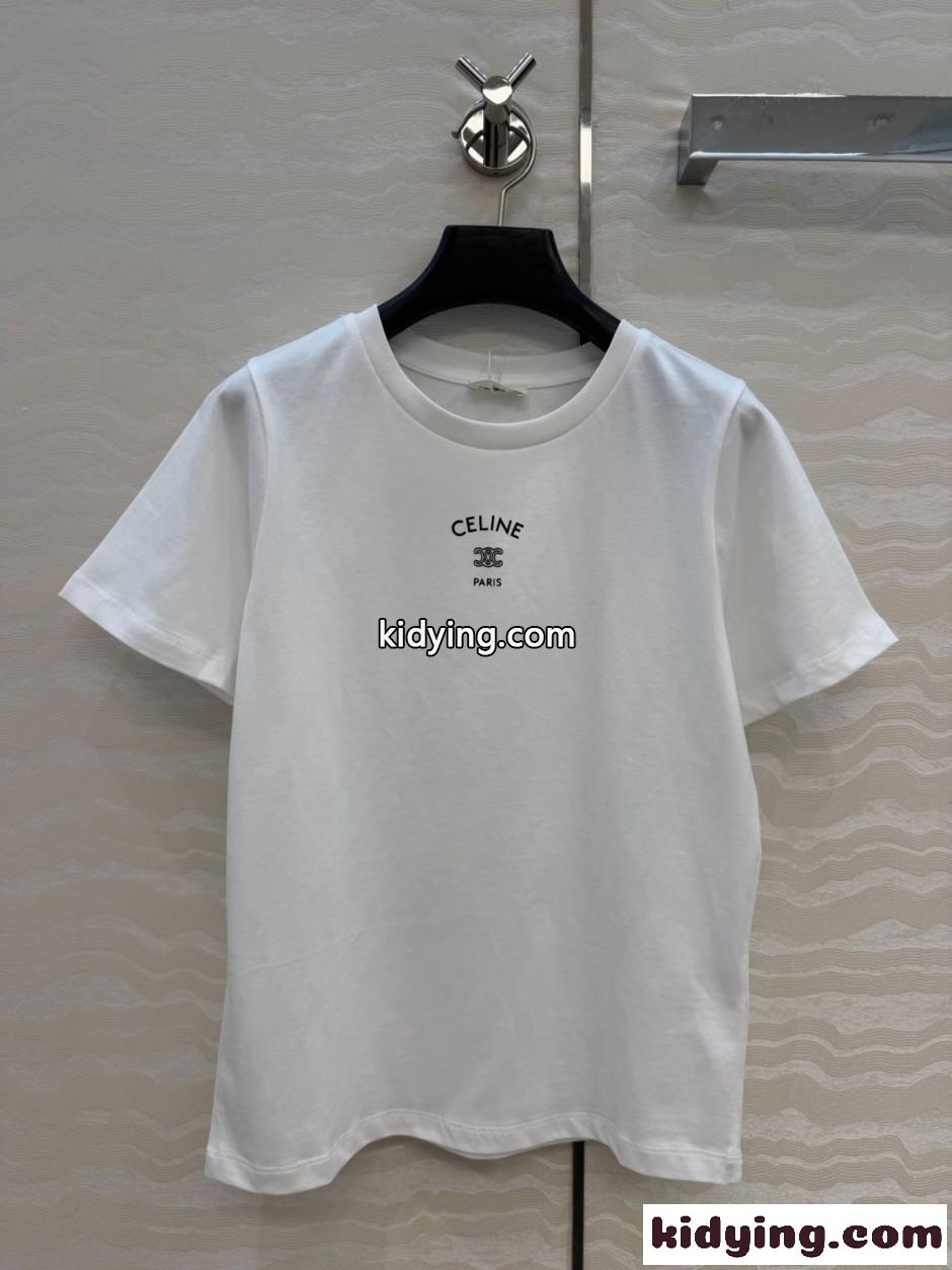 シンプル コットン ロゴ入り 半袖Tシャツ セリーヌ Tシャツ 偽物 ホワイト-0