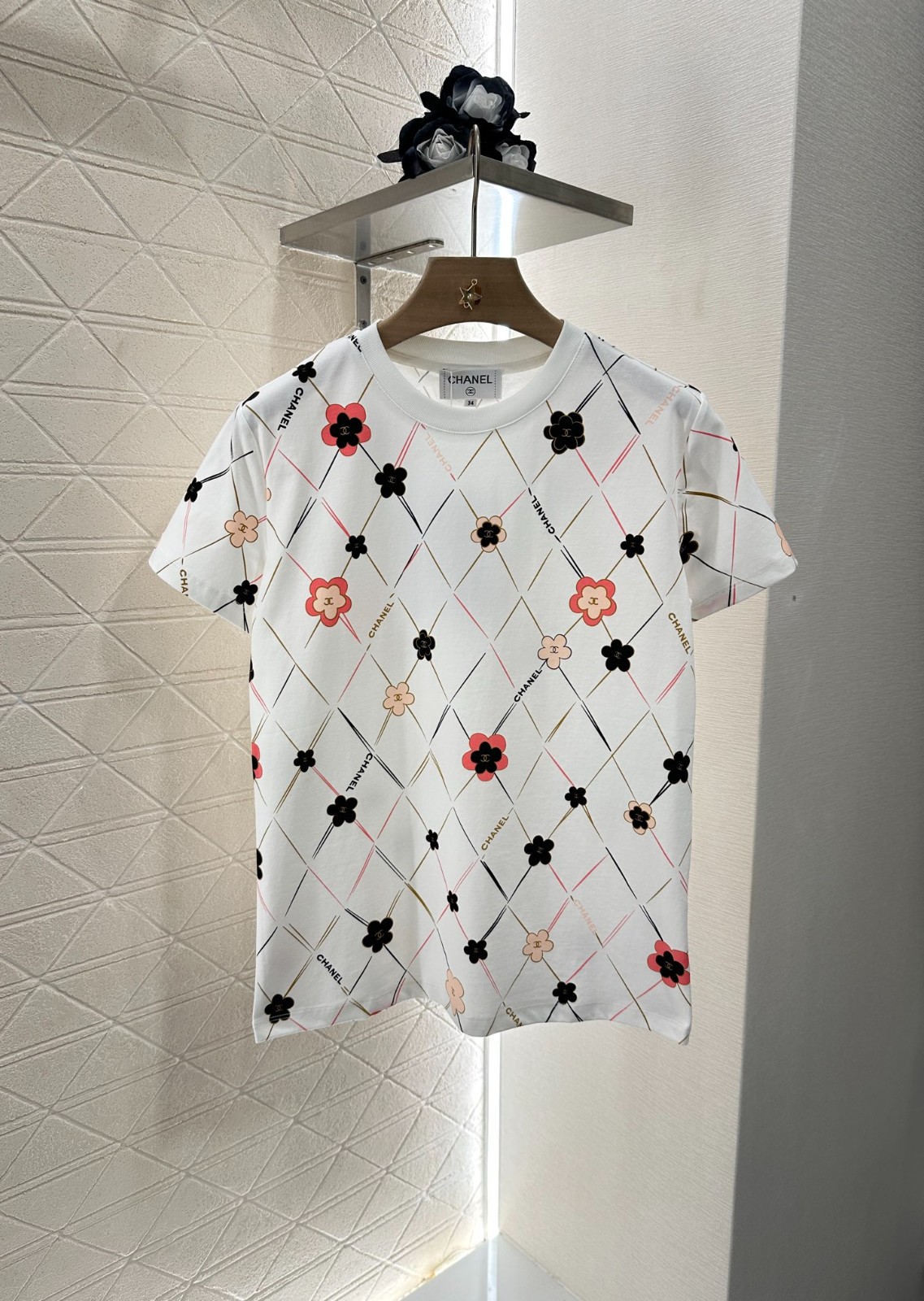 カジュアル プリント 総柄 半袖Tシャツ シャネル Tシャツ コピー コットン ホワイト-1