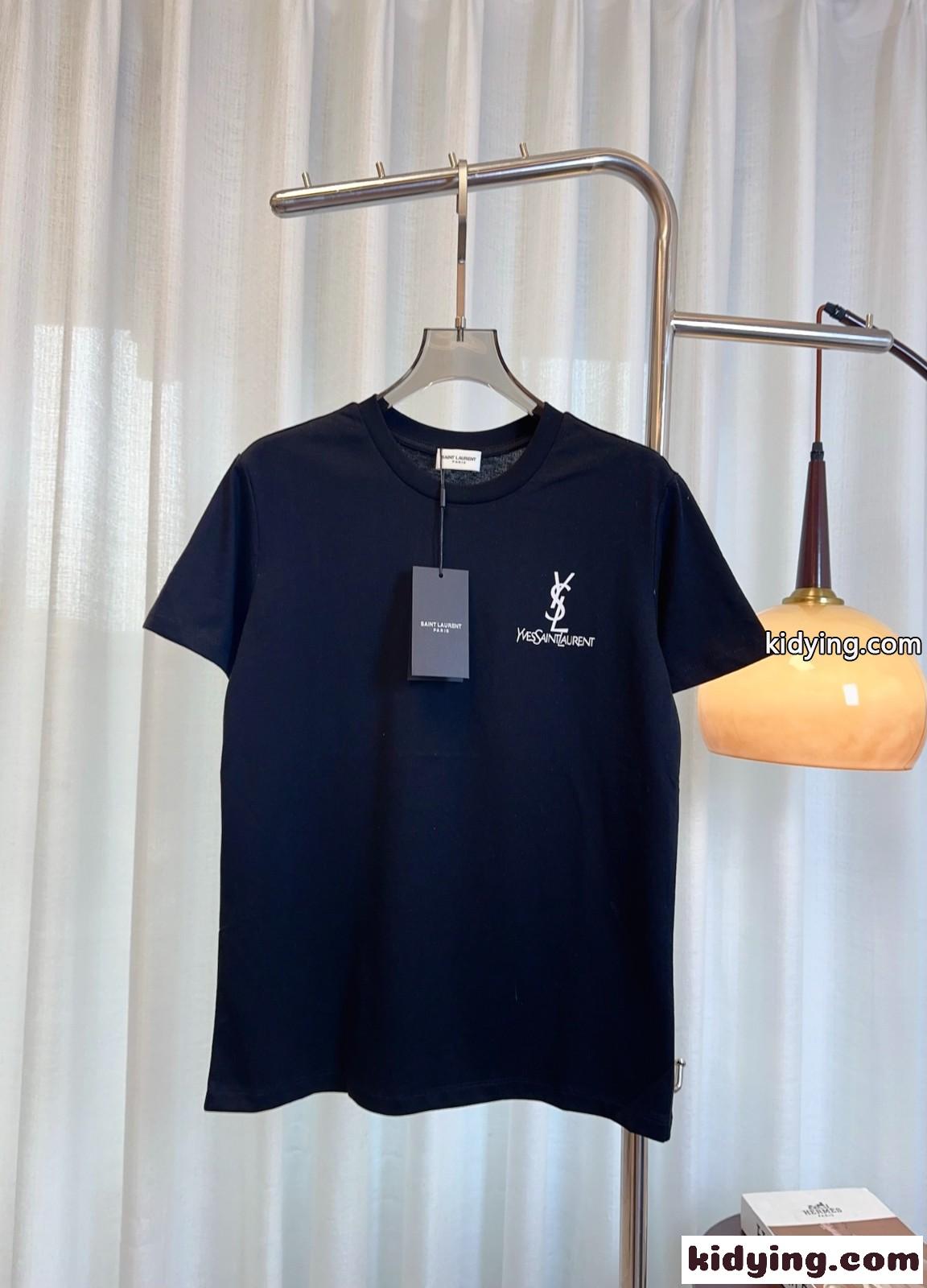 シンプル ロゴ コットン 半袖Tシャツ イヴ・サンローラン Tシャツ コピー ブラック-4