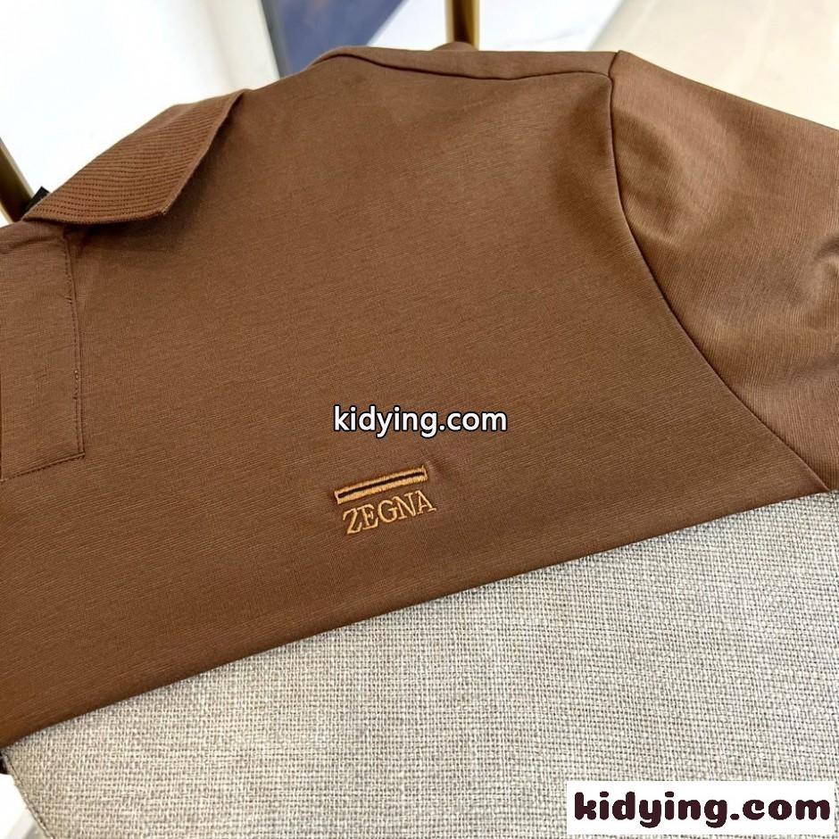 カジュアル 上品 ロゴ刺繍 スキッパーポロシャツ エルメネジルド・ゼニア Tシャツ 偽物 ブラウン-2