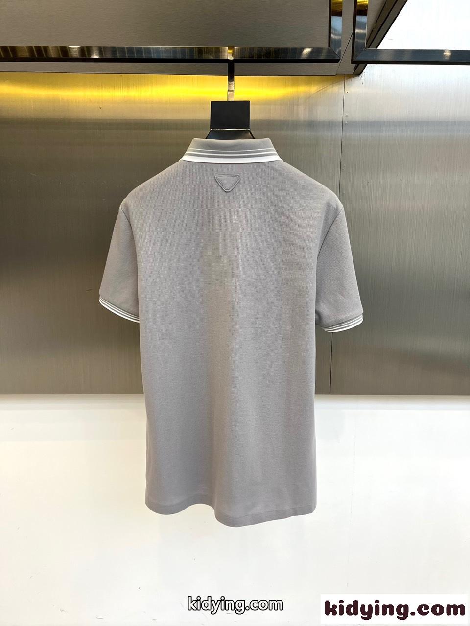 カジュアル コットンピケ ポロシャツ プラダ Tシャツ 偽物 半袖トップス グレー-3