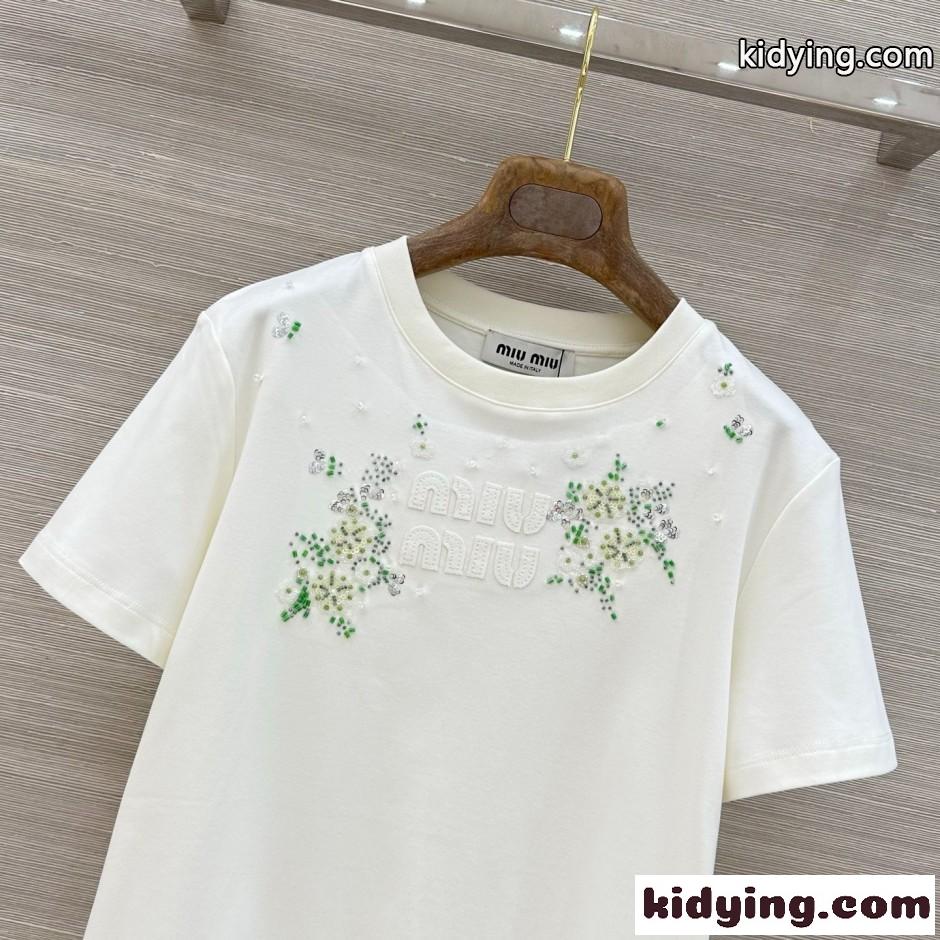 フラワー刺繍 クルーネックTシャツ ミュウミュウ Tシャツ コピー ホワイト-2