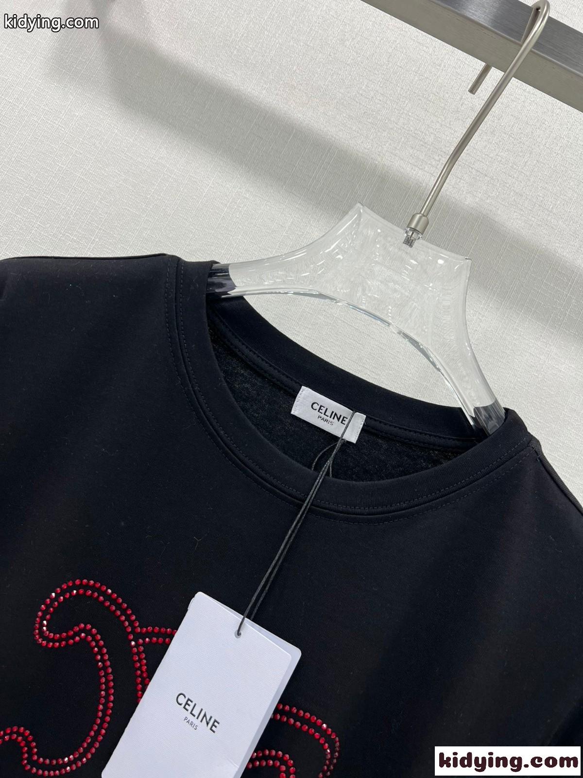 ラインストーン付き ロゴ 半袖Tシャツ セリーヌ Tシャツ コピー ブラック-1