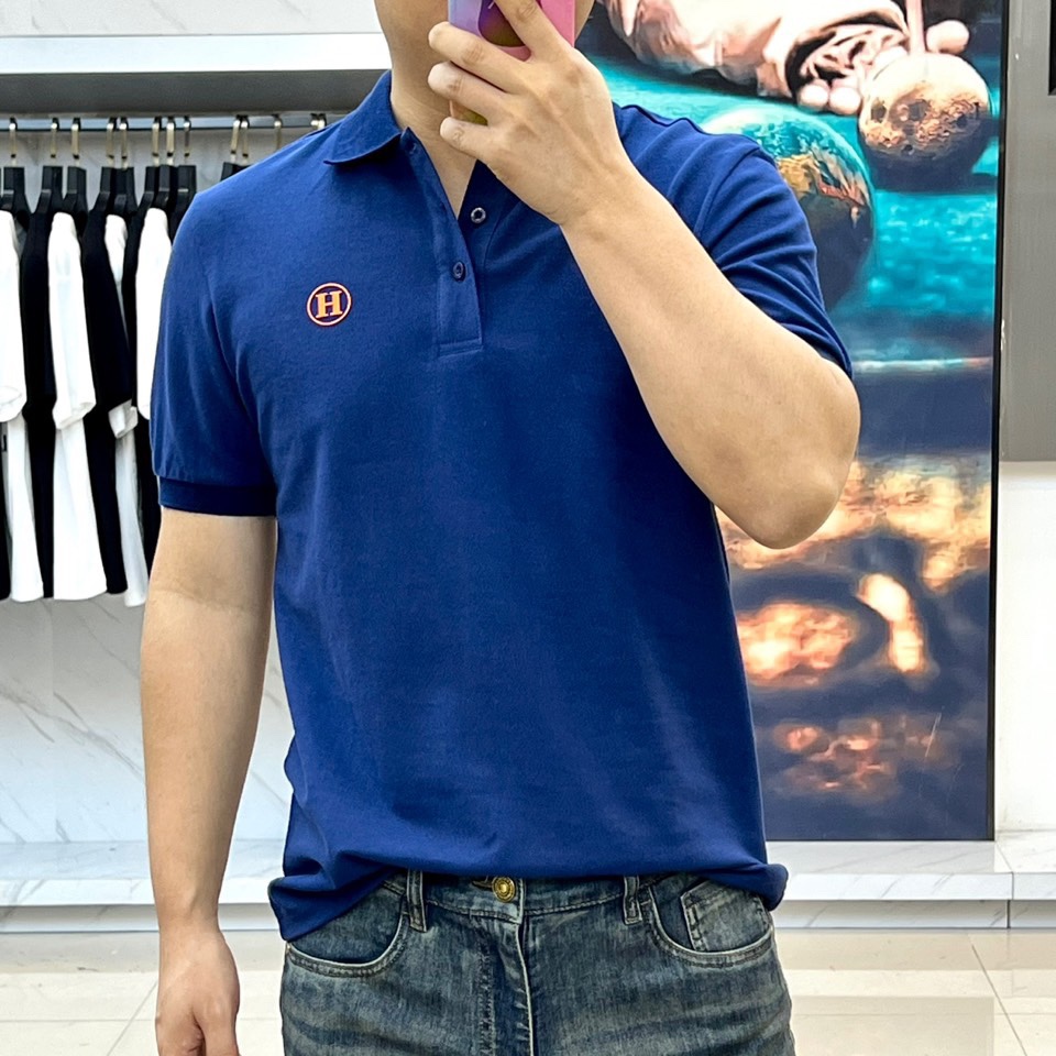 洗練された コットン ポロシャツ エルメス Tシャツ 偽物 半袖トップス ブルー-1