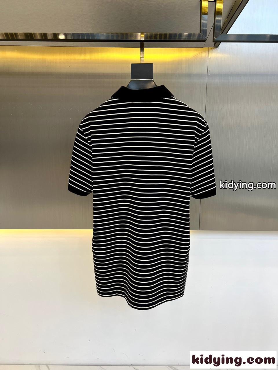 カジュアル ボーダー柄 半袖 ポロシャツ プラダ Tシャツ コピー コットンピケ ブラック-5