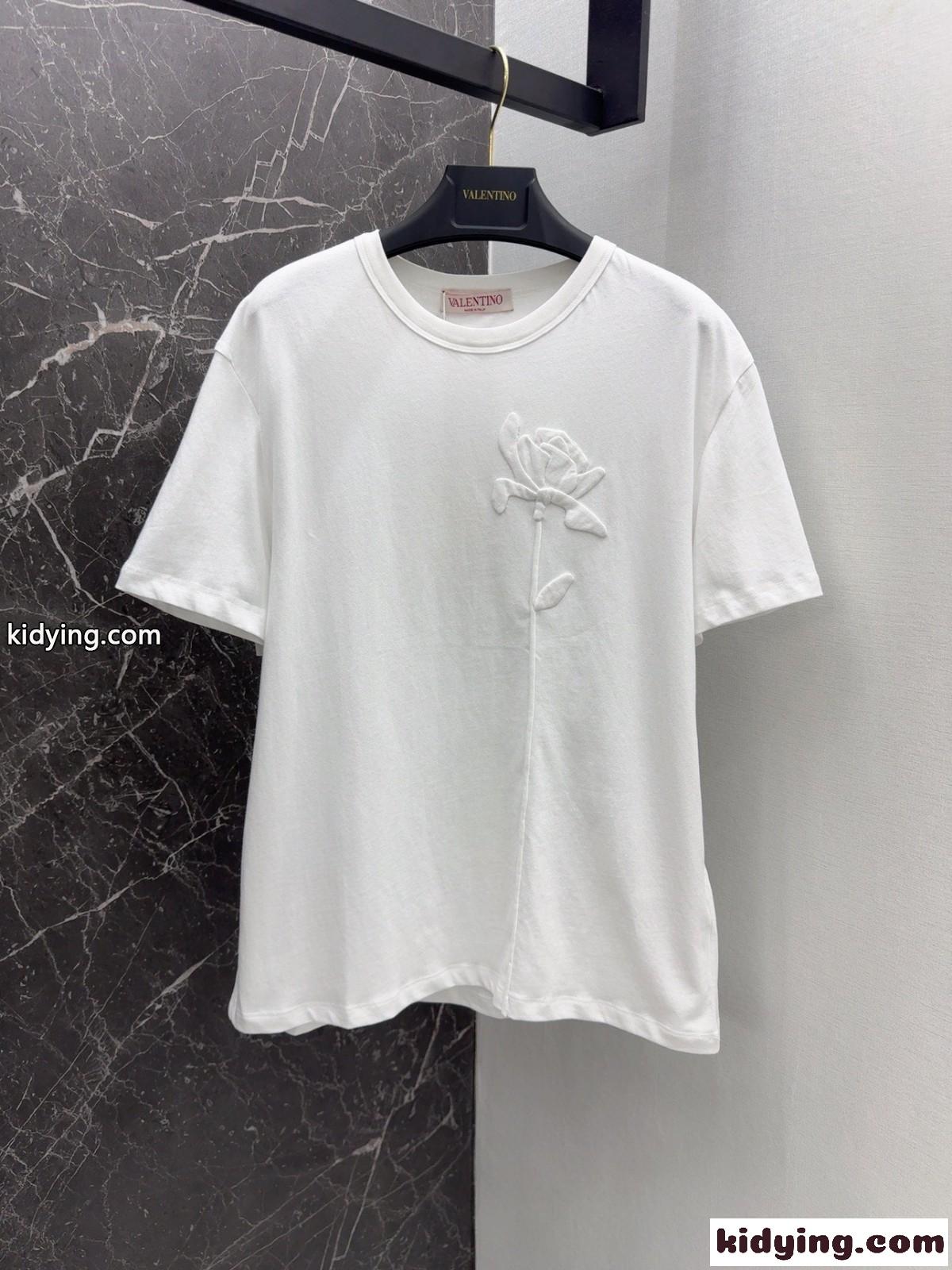 フラワーエンブロイダリー ヴァレンティノ 半袖Tシャツ コピー クルーネック ホワイト-2