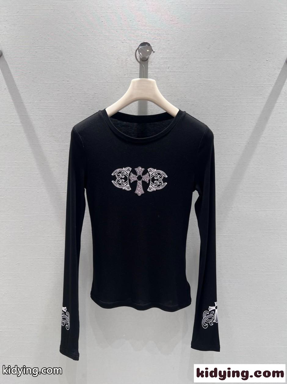 シンプル スタイリッシュ クルーネック 長袖Tシャツ クロムハーツ Tシャツ 偽物 ブラック-1