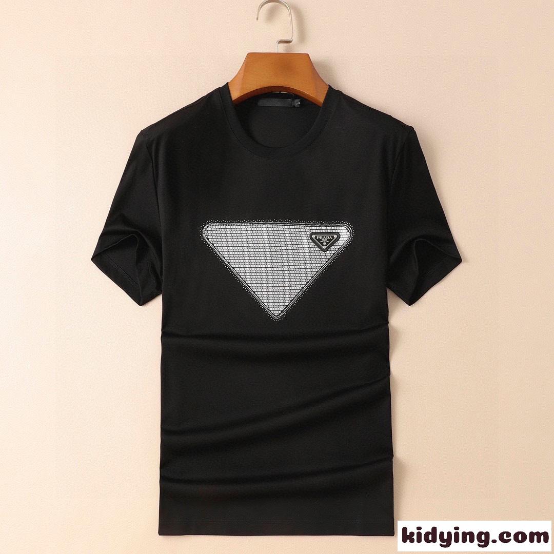 トライアングルロゴ シルケット コットン プラダ 半袖tシャツ コピー クルーネック スリム-0