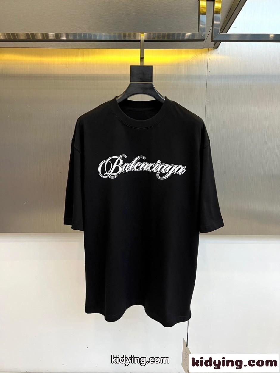 バレンシアガ Tシャツ 偽物 スクリプトロゴ クルーネック 半袖Tシャツ ブラック-1