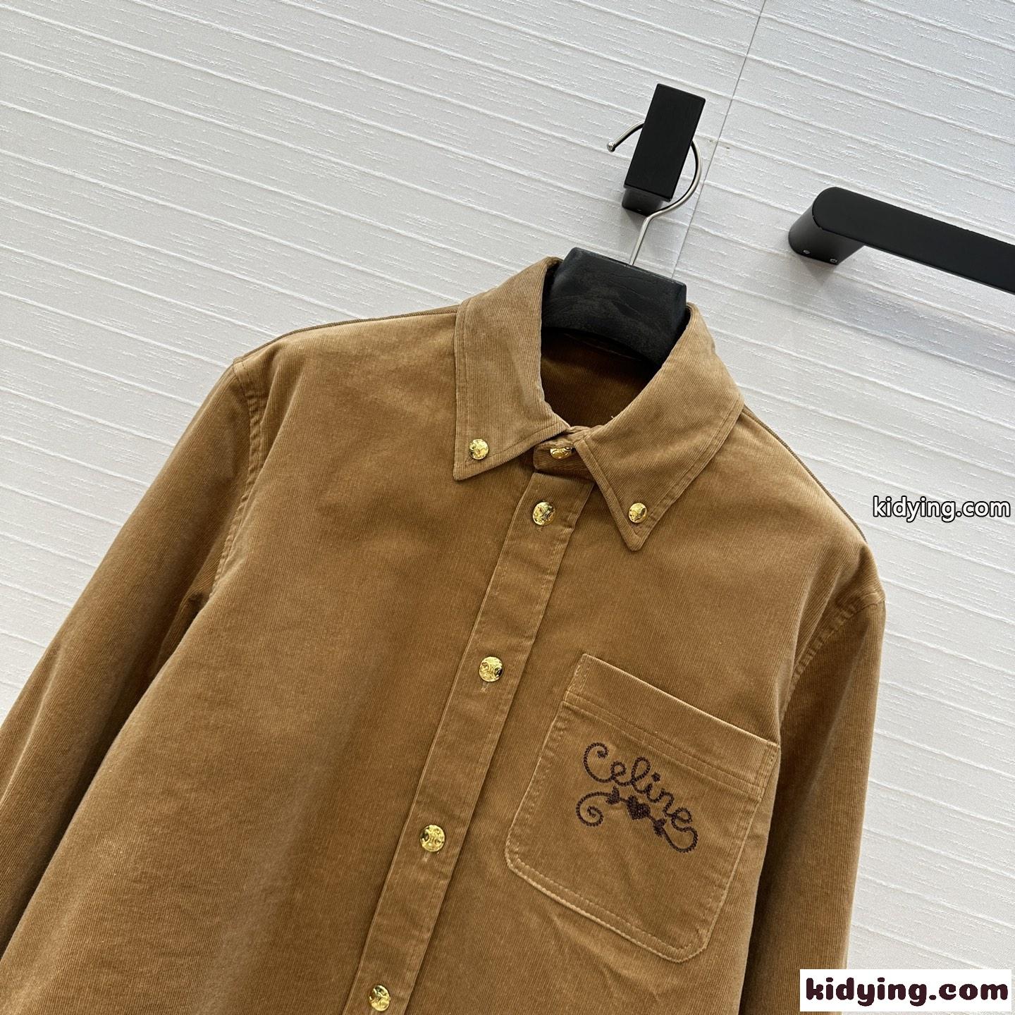 カジュアル コーデュロイ クロップド丈シャツ セリーヌ シャツ 偽物 ブラウン-1